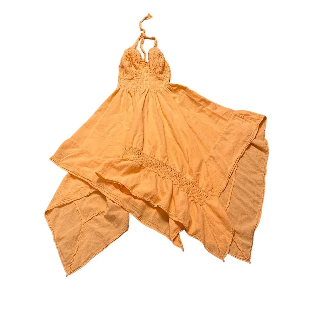 Orange Halter Dress Crochet Embroidered Boho Summer Resort Vacation Beach Vibes - Picture 7 of 8